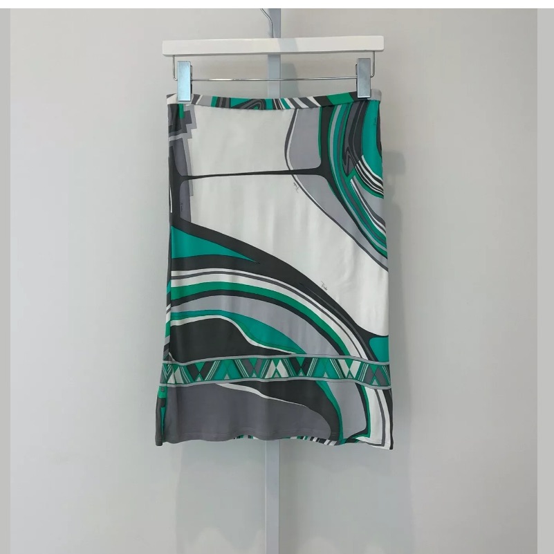 Emilio Pucci Gray Green White Iconic Print Viscose Skirt Size It 40 / Us 6
